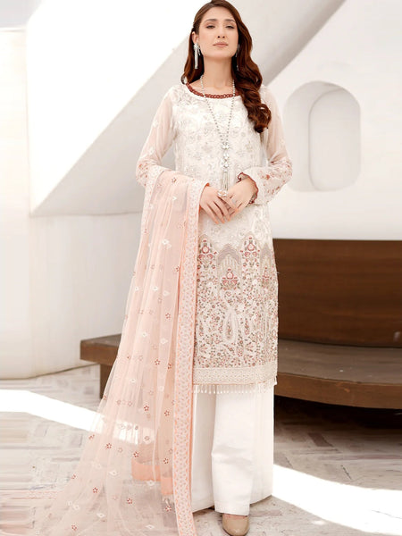 White Salwar Kameez - Embroidered Chiffon Design