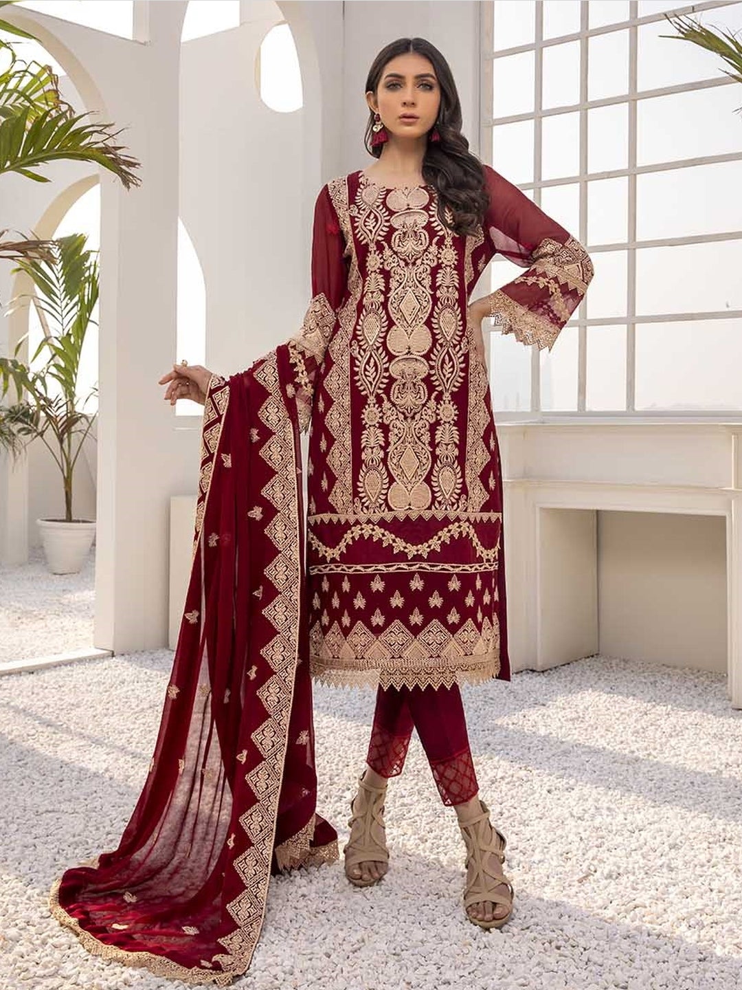 Embroidered Chiffon & Silk Salwar Kameez - Pakistani Dress - C511G ...