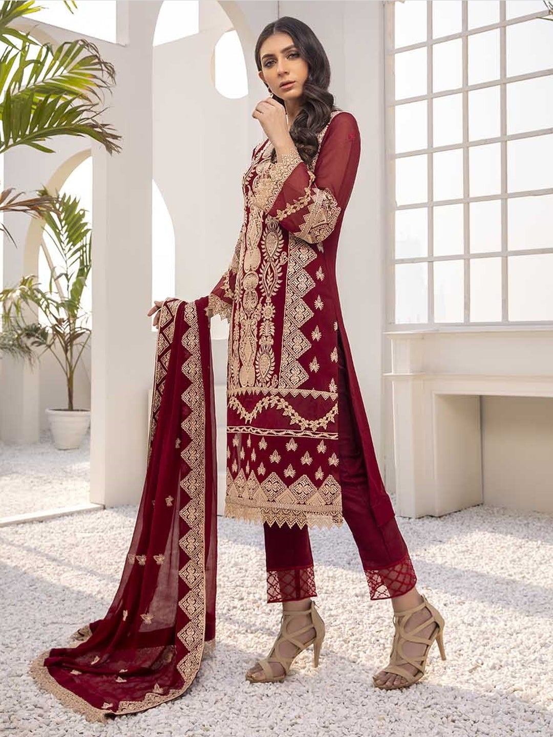 Embroidered Chiffon & Silk Salwar Kameez - Pakistani Dress - C511G ...