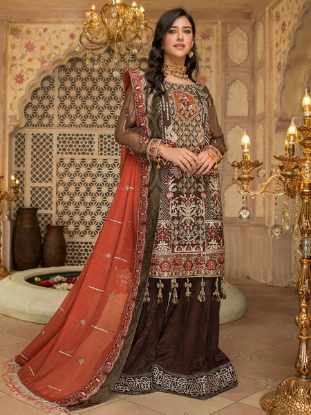 Brown Pakistani Dress - Premium Chiffon Embroidery