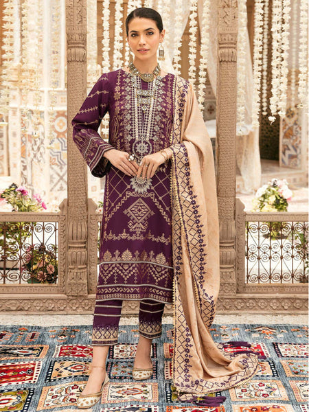 Purple Pakistani Dress - Embroidered Linen Jacquard