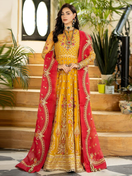 Yellow Pakistani Dress - Designer Embroidered Net