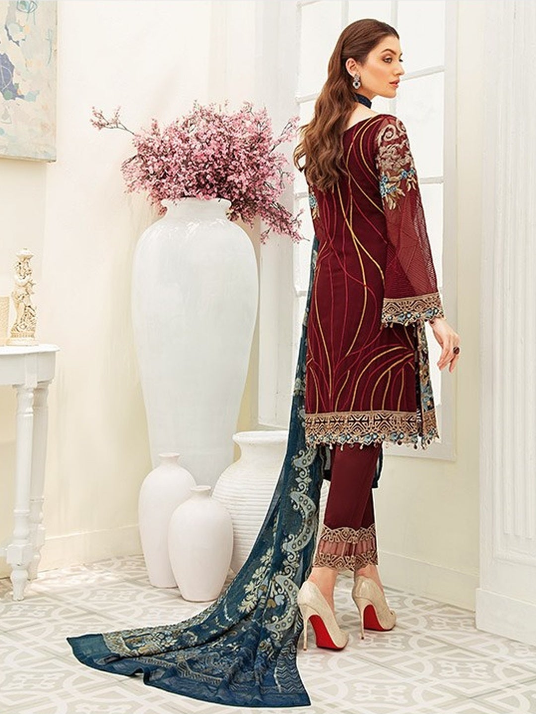 red chiffon dress pakistani Emaan Adeel Value Luxury Pakistani Chiffon Dress