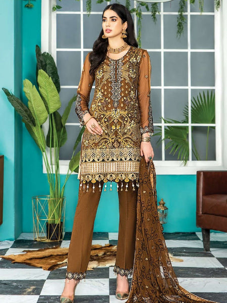 Brown Pakistani Dress - Luxury Chiffon Embroidery