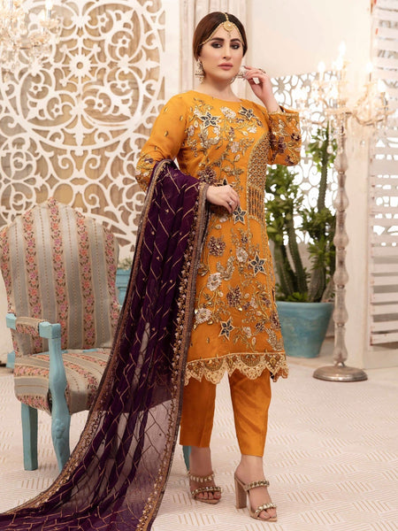Pakistani Salwar Kameez - Embroidery on Chiffon & Silk