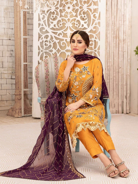 Orange Pakistani Dress - Embroidery on Chiffon & Silk