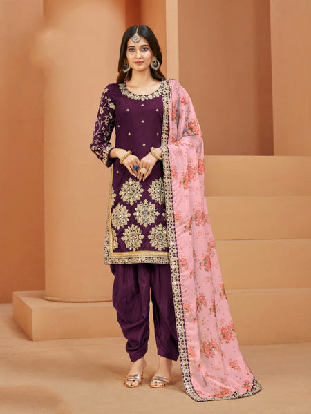 Purple Indian Dress - Art Silk Embroidered