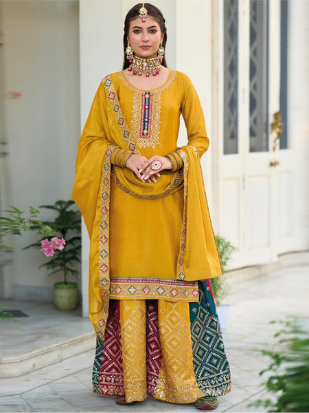Yellow Indian Dress - Chinon Embroidery