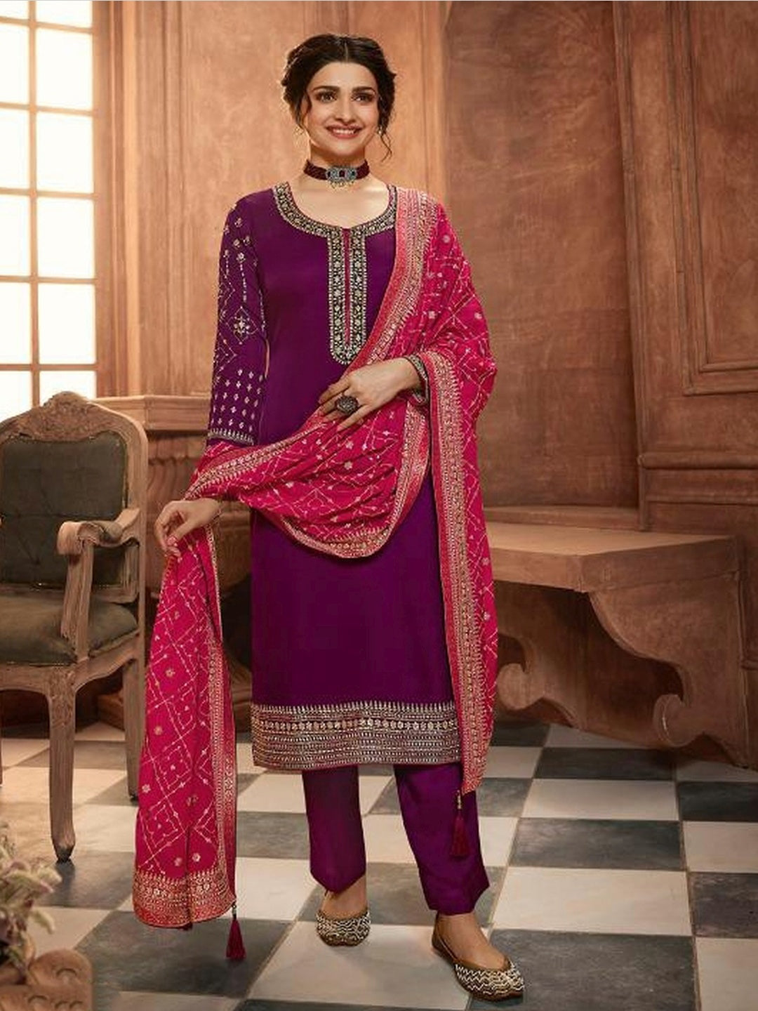 Dark Pink Colour Sharara Salwar Suit in Georgette Fabric.