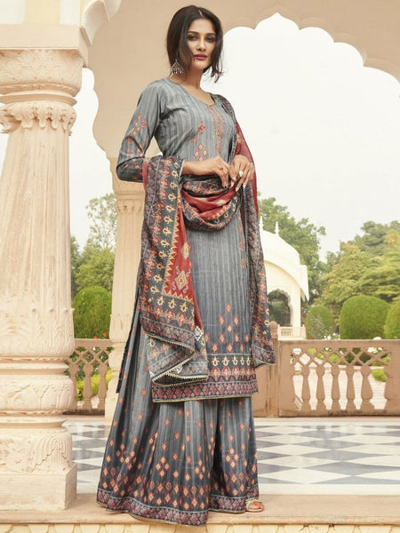 Grey Indian Dress - Natural Crape Embroidered