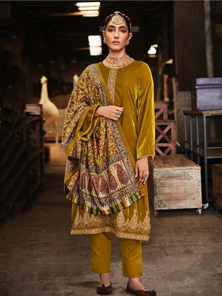 Golden Salwar Kameez - Velvet Embroidery Suit