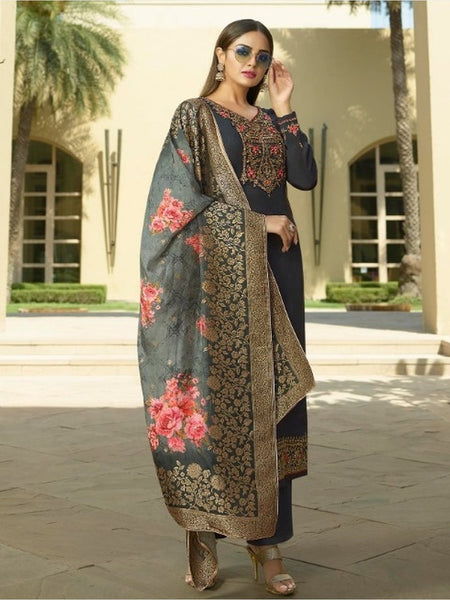 Grey Salwar Kameez - Satin & Jacquard Embroidery