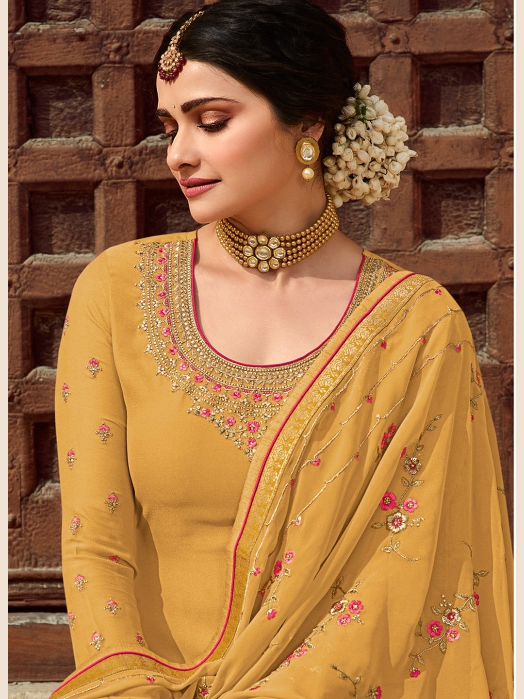 Odette Women Yellow Embroidered Georgette Partywear Semi Stitched Anar