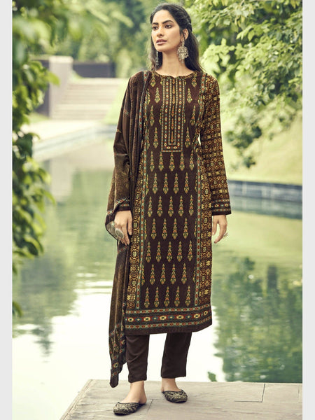 Brown Salwar Kameez - Velvet Designer Prints