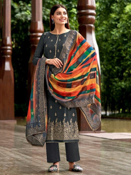 Grey Salwar Kameez - Embroidery Pure Jacquard