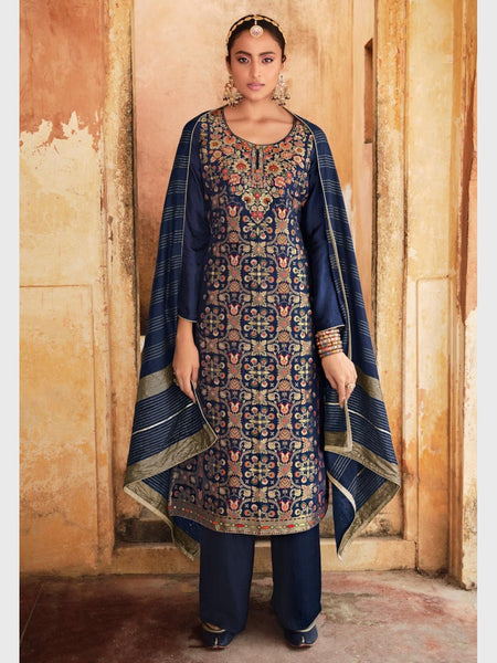Blue Indian Dress - Silk Minakari Jacquard