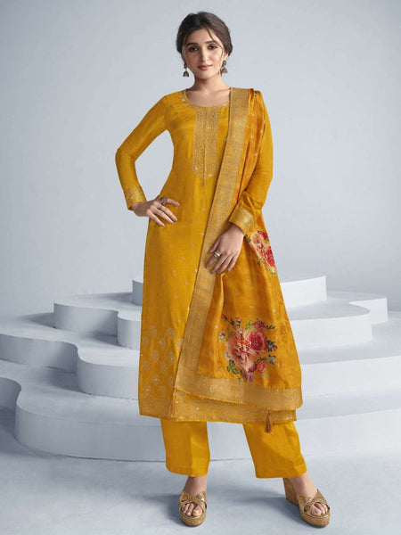 Yellow Indian Dress - Embroidered Jacquard