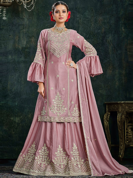 Pink Indian Dress - Embroidered Chinon Chiffon