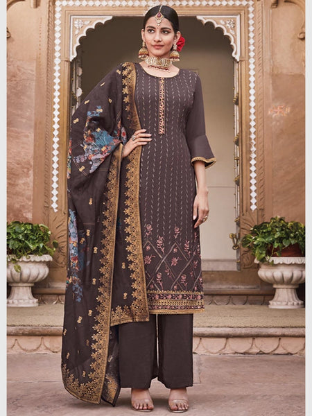 Brown Indian Dress - Jacquard & Crape Embroidery