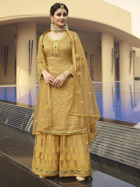 Golden Salwar Kameez - Dola Jacquard & Net
