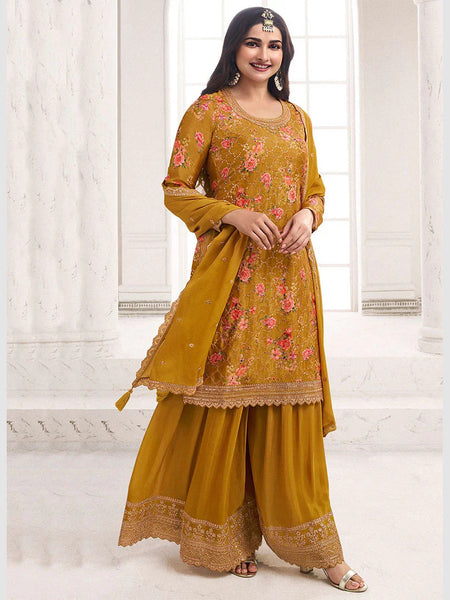 Golden Salwar Kameez - Heavy Chinon Embroidery