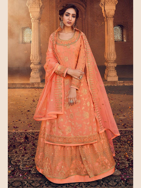 Orange Indian Dress - Pure Jacquard Embroidered
