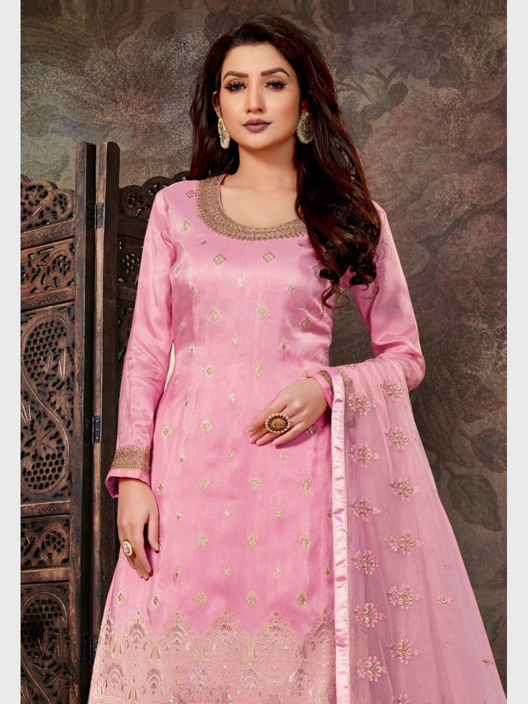 Jacquard & Net Embroidery Salwar Kameez - Indian Dress - C699D