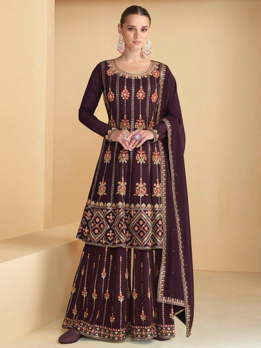 Buy Wedding Party Gown - Stunning Maroon Georgette Thread & Sequins Gown –  Empress Clothing