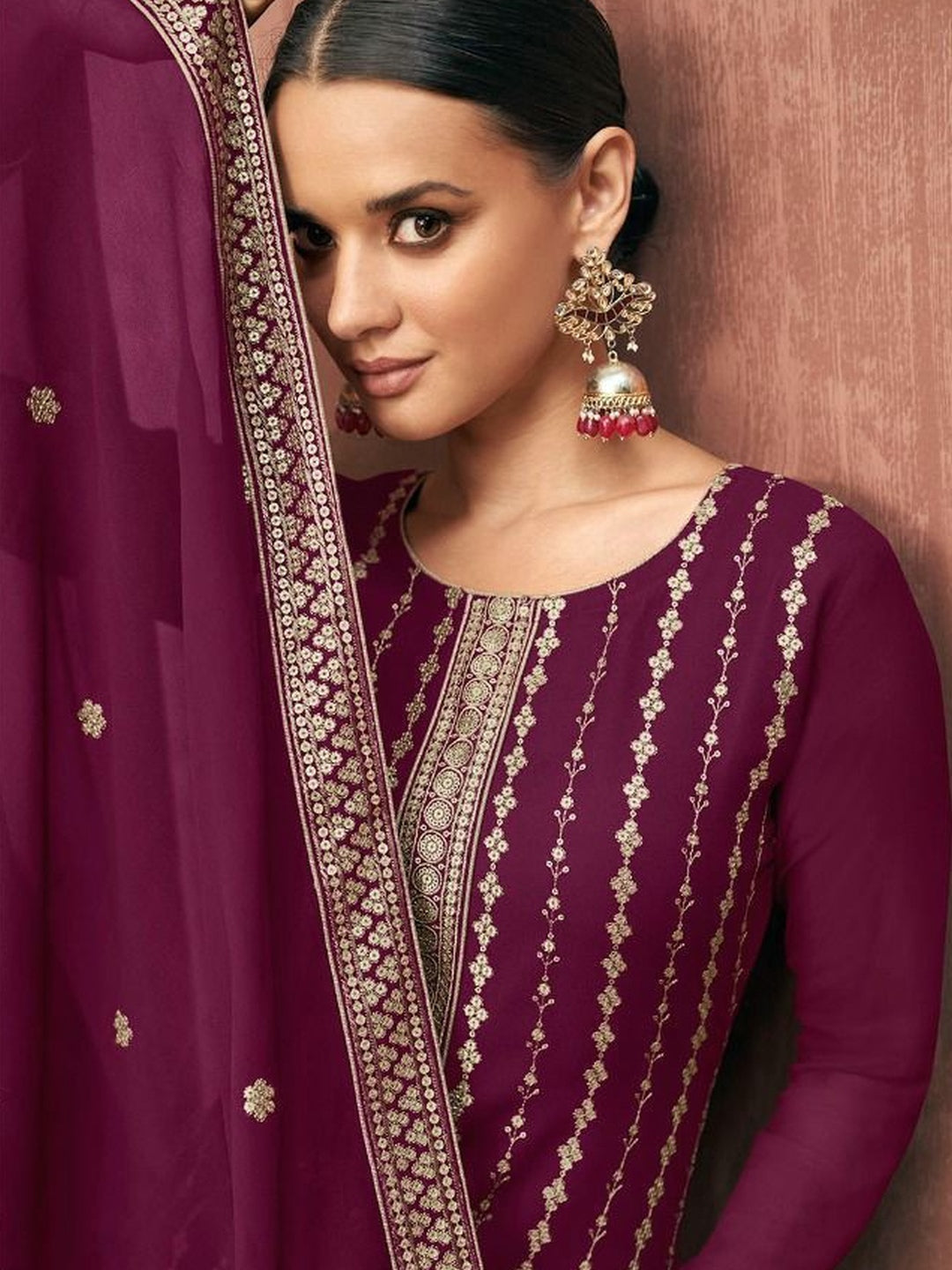 Buy Women's Wine Net Semi Stitched Salwar Suit Online. – Odette