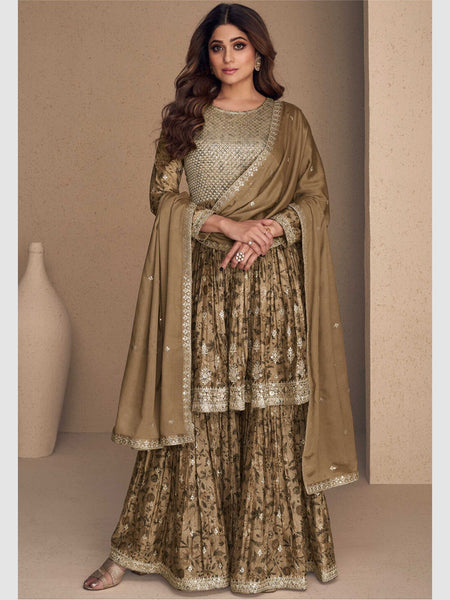 Brown Salwar Kameez - Embroidered Chinnon Silk