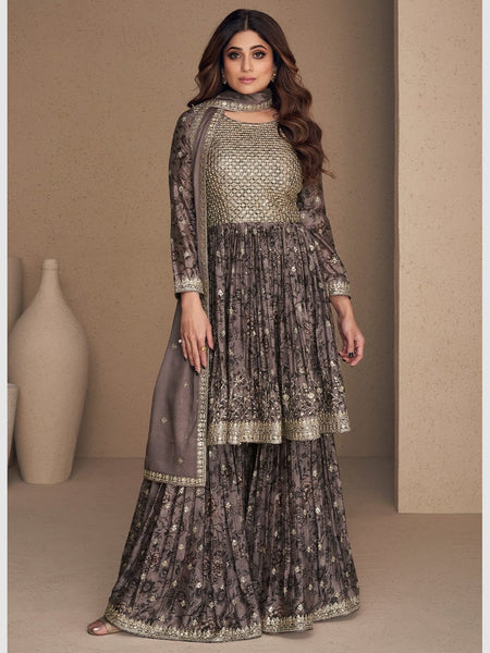 Grey Salwar Kameez - Embroidered Chinnon Silk